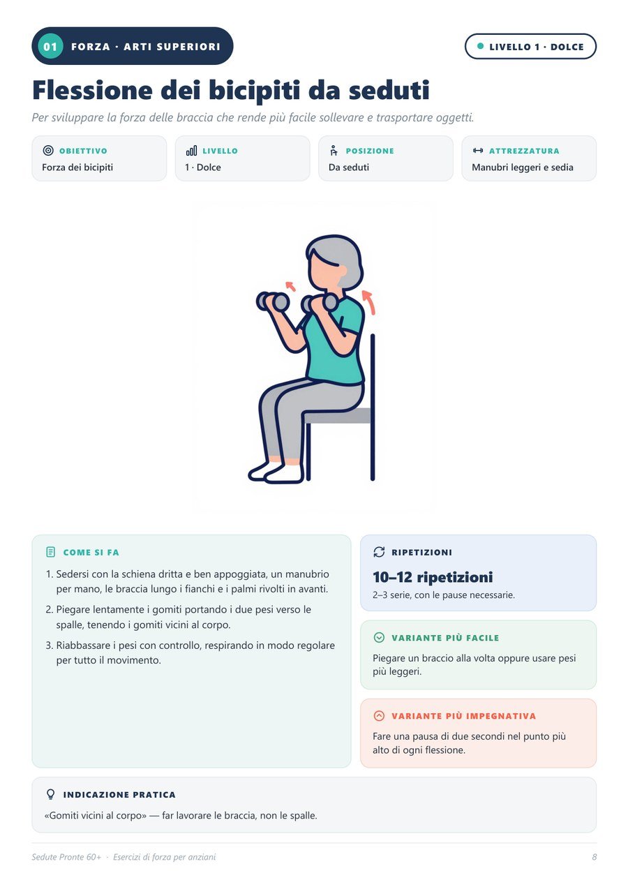 Esempio di pagina di esercizio illustrato: flessione dei bicipiti da seduti